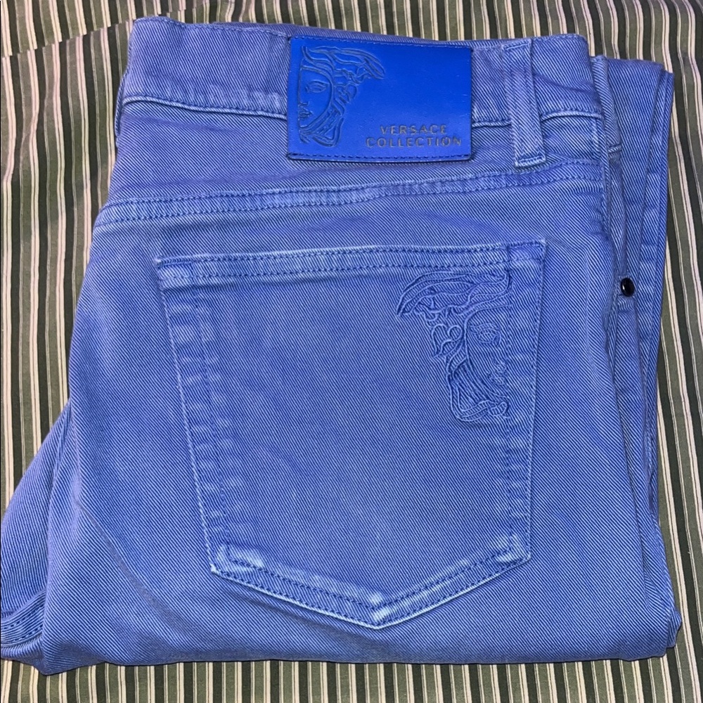 Versace Collection Men's Straight Jeans in Royal Blue with Embossed Medusa